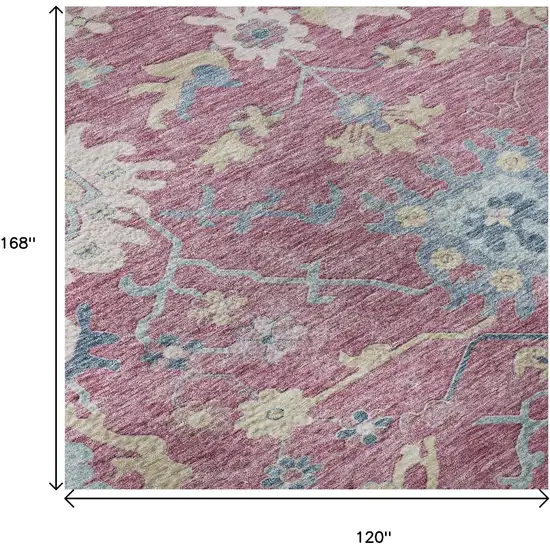 Pink Blue And Beige Floral Washable Area Rug With UV Protection Photo 8