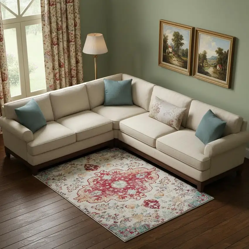 Pink Blue And Beige Medallion Distressed Area Rug Photo 1