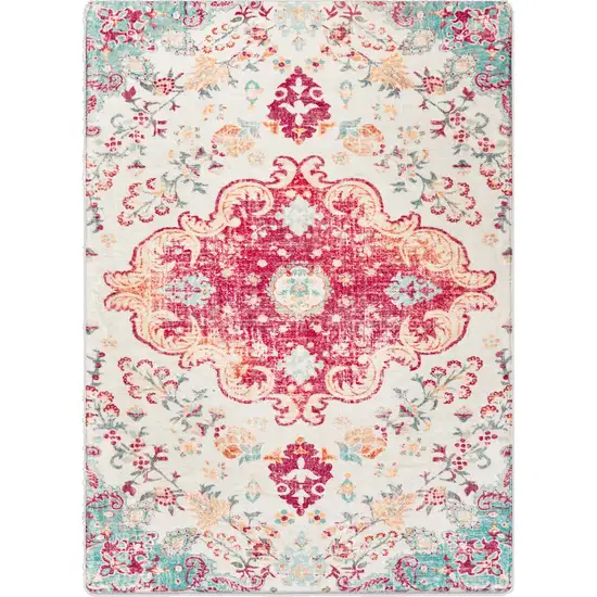 Pink Blue And Beige Medallion Distressed Area Rug Photo 2