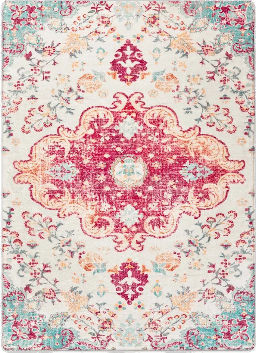 Pink Blue And Beige Medallion Distressed Area Rug Photo 2