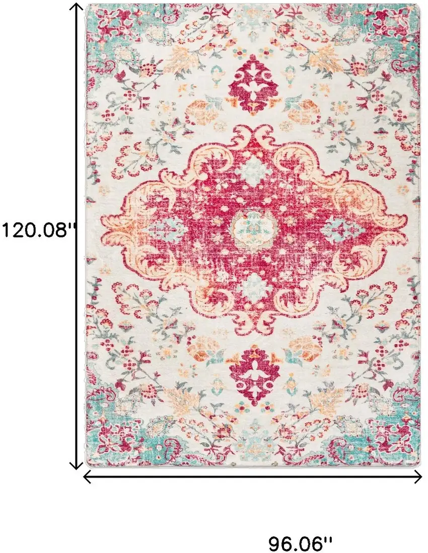 Pink Blue And Beige Medallion Distressed Area Rug Photo 3