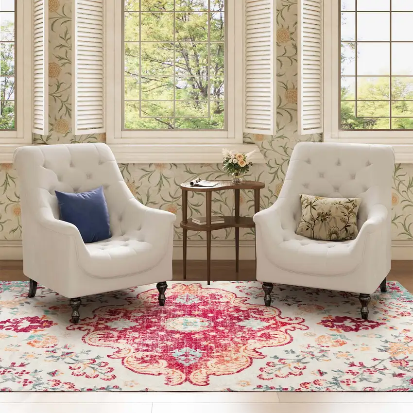 Pink Blue And Beige Medallion Distressed Area Rug Photo 5