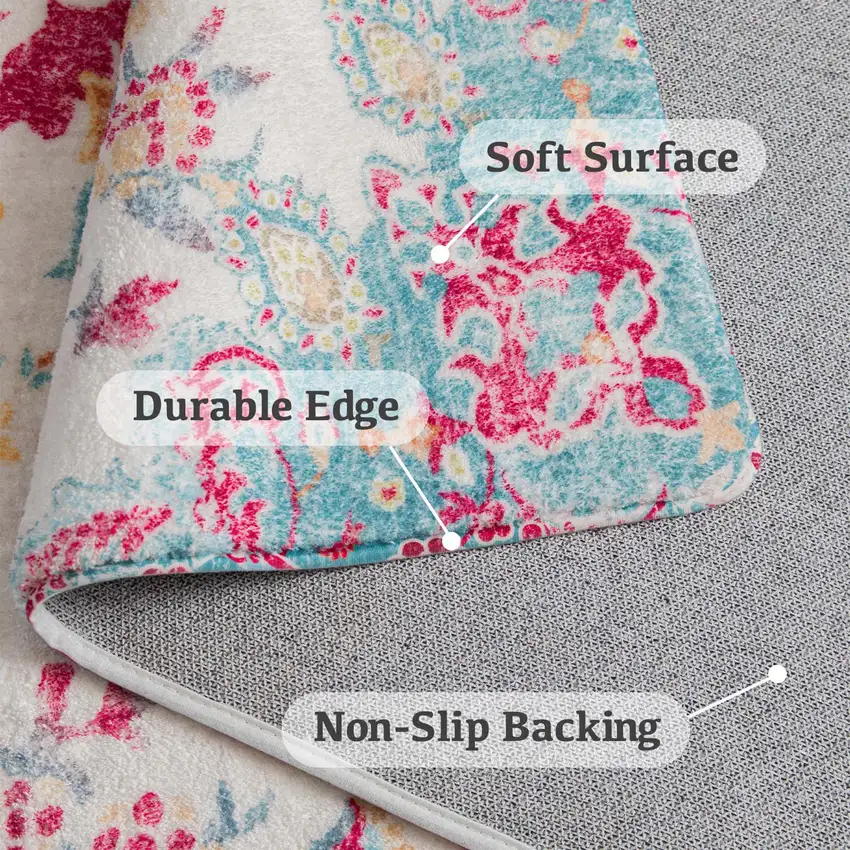 Pink Blue And Beige Medallion Distressed Area Rug Photo 7