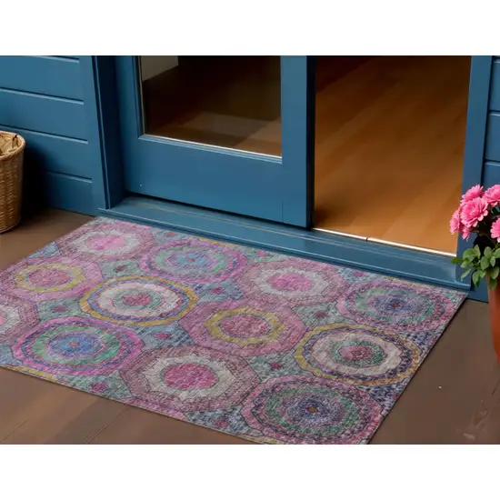 Pink Blue And Gold Geometric Washable Indoor Outdoor Area Rug Photo 2