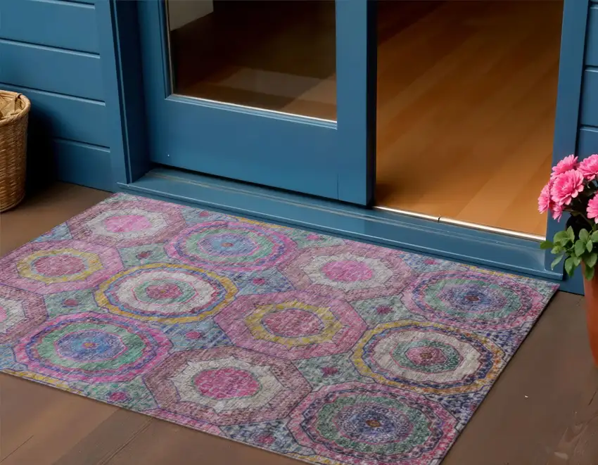 Pink Blue And Gold Geometric Washable Indoor Outdoor Area Rug Photo 2