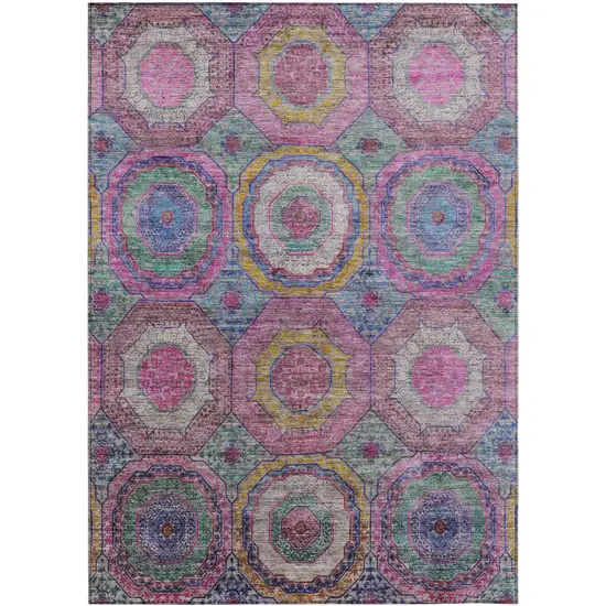 Pink Blue And Gold Geometric Washable Indoor Outdoor Area Rug Photo 1