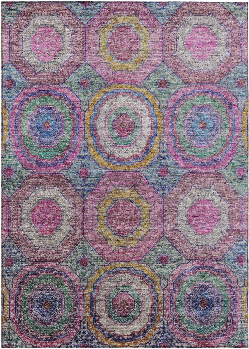 Pink Blue And Gold Geometric Washable Indoor Outdoor Area Rug Photo 1