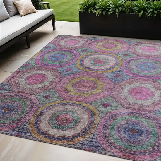 Pink Blue And Gold Geometric Washable Indoor Outdoor Area Rug Photo 2