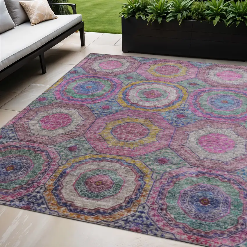 Pink Blue And Gold Geometric Washable Indoor Outdoor Area Rug Photo 2