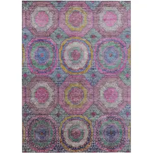 Photo of Pink Blue And Gold Geometric Washable Indoor Outdoor Area Rug