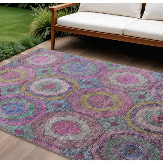 Pink Blue And Gold Geometric Washable Indoor Outdoor Area Rug Photo 2