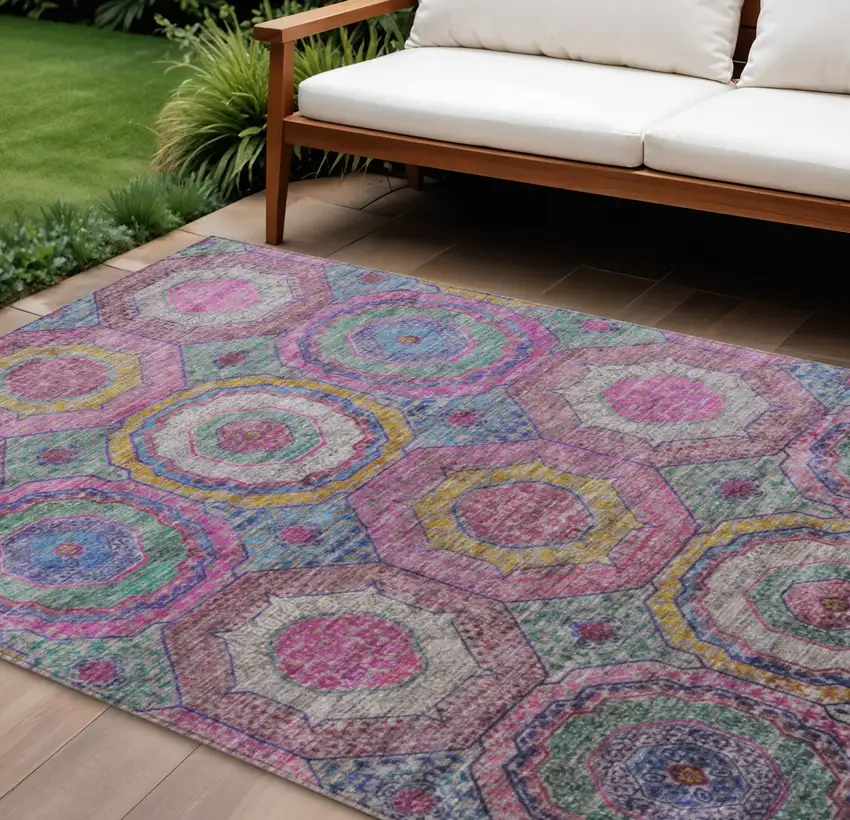 Pink Blue And Gold Geometric Washable Indoor Outdoor Area Rug Photo 2