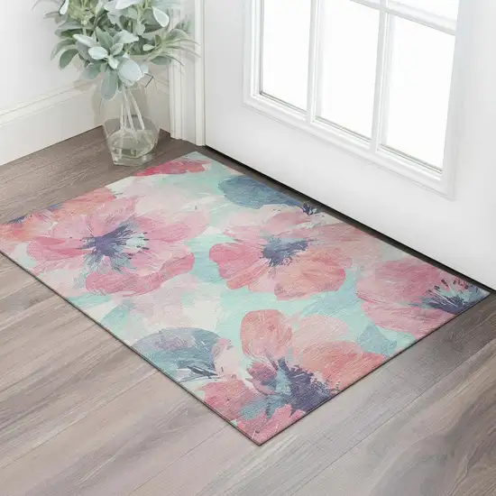 Pink Blue And Ivory Floral Washable Area Rug With UV Protection Photo 2