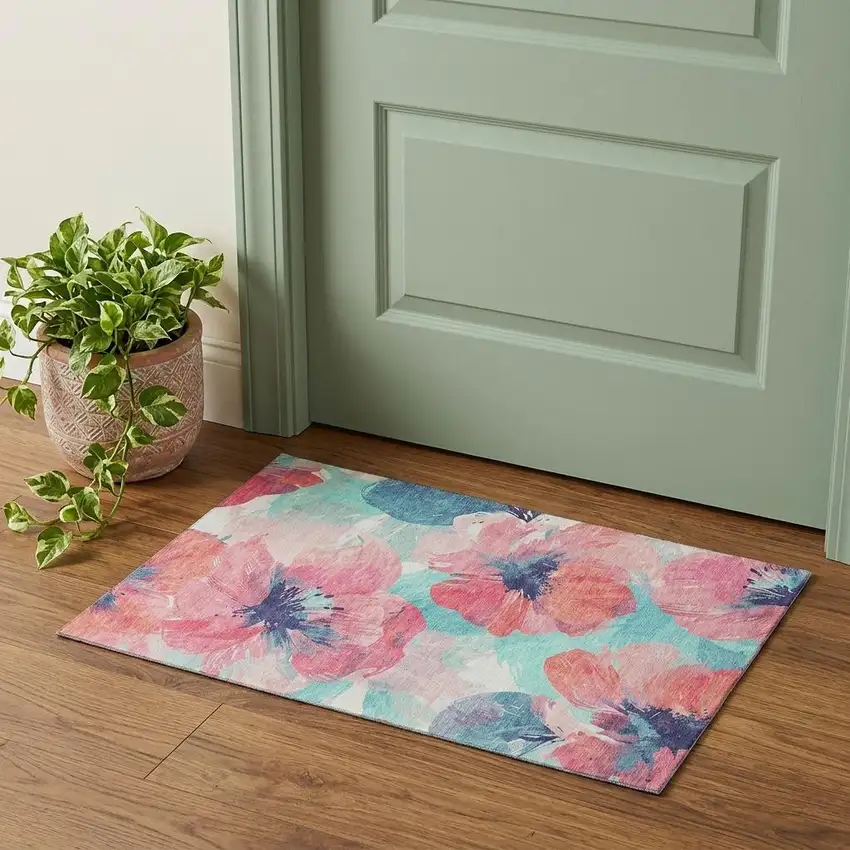 Pink Blue And Ivory Floral Washable Area Rug With UV Protection Photo 1