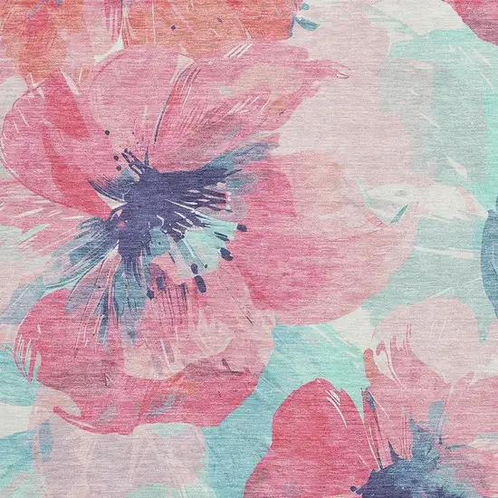Pink Blue And Ivory Floral Washable Area Rug With UV Protection Photo 2