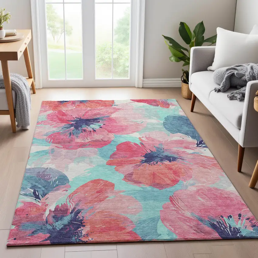 Pink Blue And Ivory Floral Washable Area Rug With UV Protection Photo 5