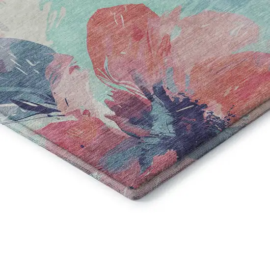 Pink Blue And Ivory Floral Washable Area Rug With UV Protection Photo 7