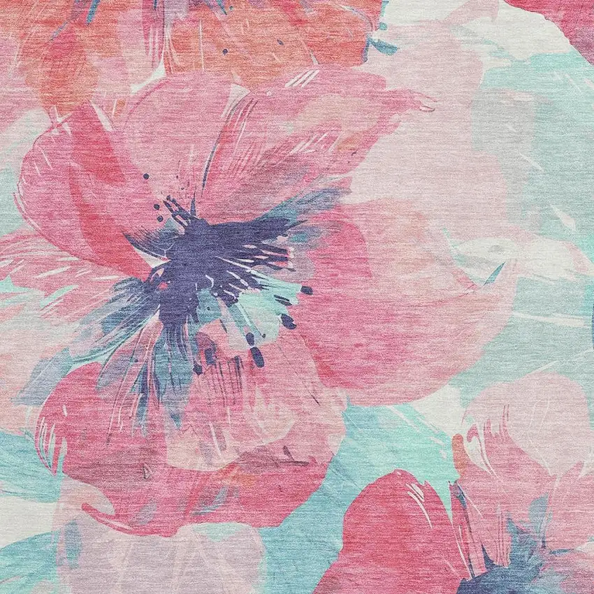 Pink Blue And Ivory Floral Washable Area Rug With UV Protection Photo 2