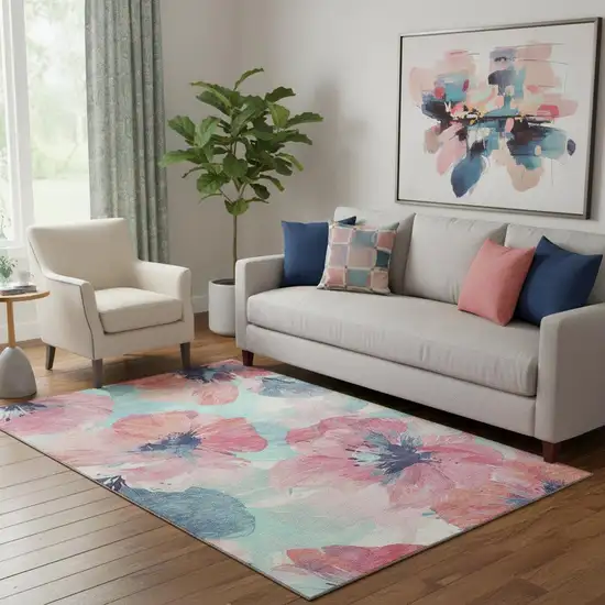 Pink Blue And Ivory Floral Washable Area Rug With UV Protection Photo 2
