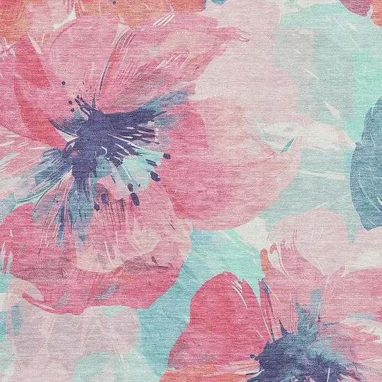 Pink Blue And Ivory Floral Washable Area Rug With UV Protection Photo 2