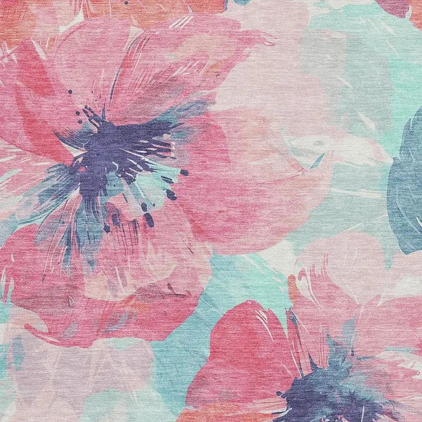 Pink Blue And Ivory Floral Washable Area Rug With UV Protection Photo 2