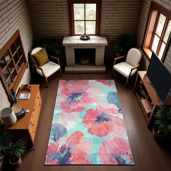 Pink Blue And Ivory Floral Washable Area Rug With UV Protection Photo 4