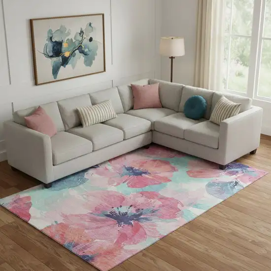 Pink Blue And Ivory Floral Washable Area Rug With UV Protection Photo 2