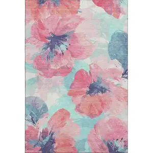 Photo of Pink Blue And Ivory Floral Washable Area Rug With UV Protection