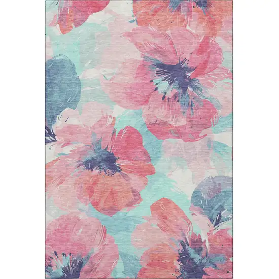 Pink Blue And Ivory Floral Washable Area Rug With UV Protection Photo 3