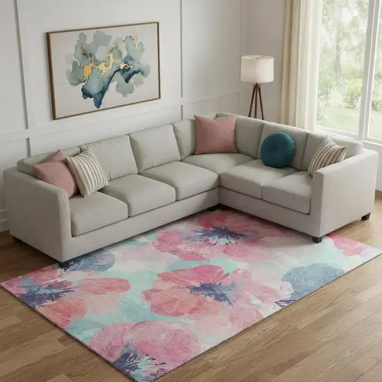 Pink Blue And Ivory Floral Washable Area Rug With UV Protection Photo 2