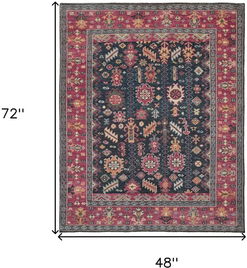 Pink Blue And Orange Wool Floral Hand Knotted Distressed Stain Resistant Area Rug With Fringe Photo 5