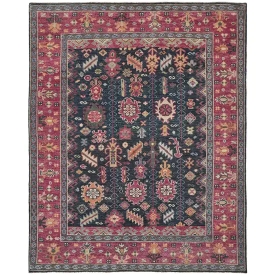 Dark Pink Blue And Black Wool Tribal Hand Knotted Distressed Area Rug With Fringe Photo 2