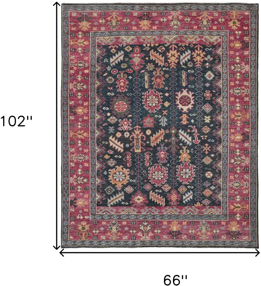 Dark Pink Blue And Black Wool Tribal Hand Knotted Distressed Area Rug With Fringe Photo 3