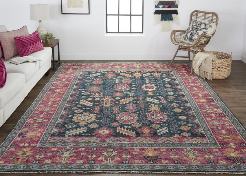 Pink Blue And Orange Wool Floral Hand Knotted Distressed Stain Resistant Area Rug With Fringe Photo 6