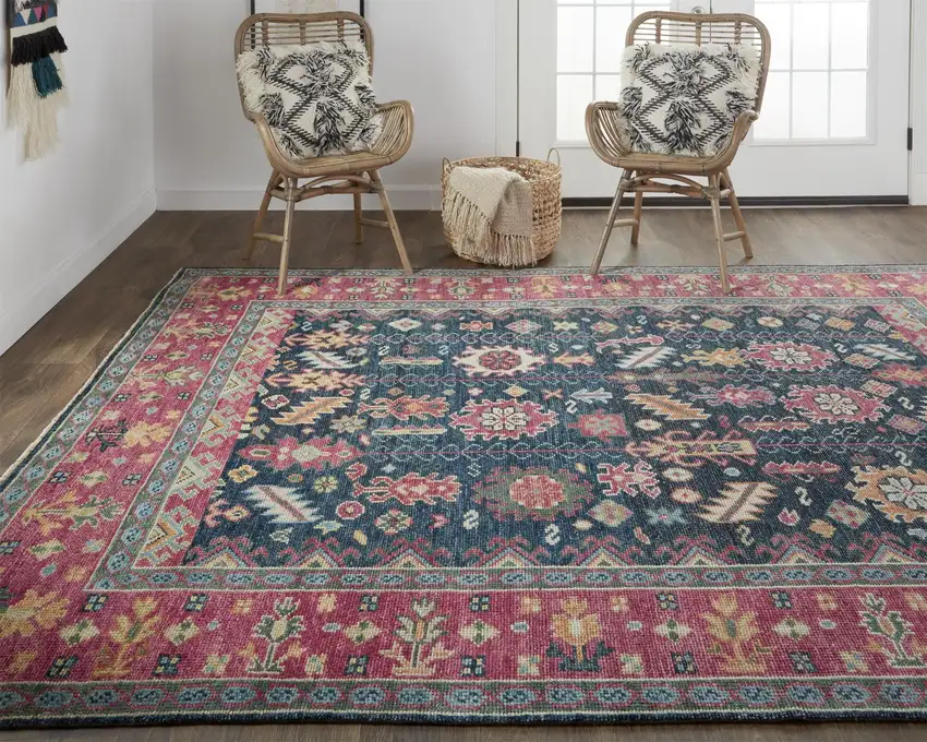 Pink Blue And Orange Wool Floral Hand Knotted Distressed Stain Resistant Area Rug With Fringe Photo 8