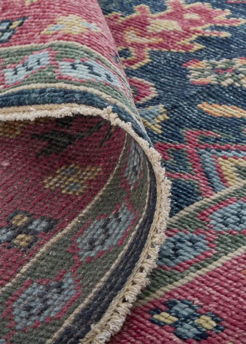 Pink Blue And Orange Wool Floral Hand Knotted Distressed Stain Resistant Area Rug With Fringe Photo 9