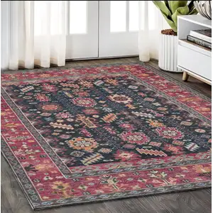 Photo of Pink Blue And Orange Wool Floral Hand Knotted Distressed Stain Resistant Area Rug With Fringe