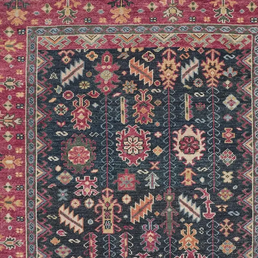 Dark Pink Blue And Black Wool Tribal Hand Knotted Distressed Area Rug With Fringe Photo 7