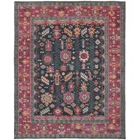 Photo of Pink Blue And Orange Wool Floral Hand Knotted Distressed Stain Resistant Area Rug With Fringe