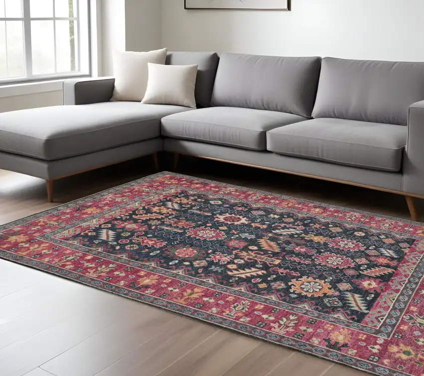 Pink Blue And Orange Wool Floral Hand Knotted Distressed Stain Resistant Area Rug With Fringe Photo 1