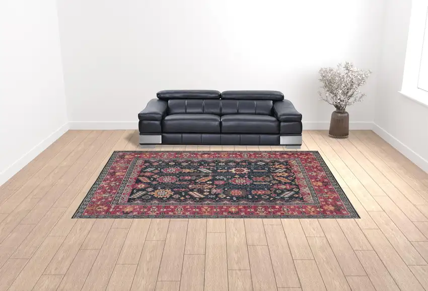 Pink Blue And Orange Wool Floral Hand Knotted Distressed Stain Resistant Area Rug With Fringe Photo 2