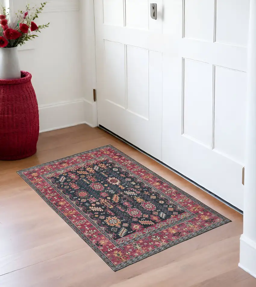 Pink Blue And Orange Wool Floral Hand Knotted Distressed Stain Resistant Area Rug With Fringe Photo 1