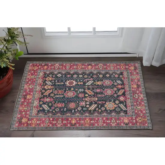 Pink Blue And Orange Wool Floral Hand Knotted Distressed Stain Resistant Area Rug With Fringe Photo 1