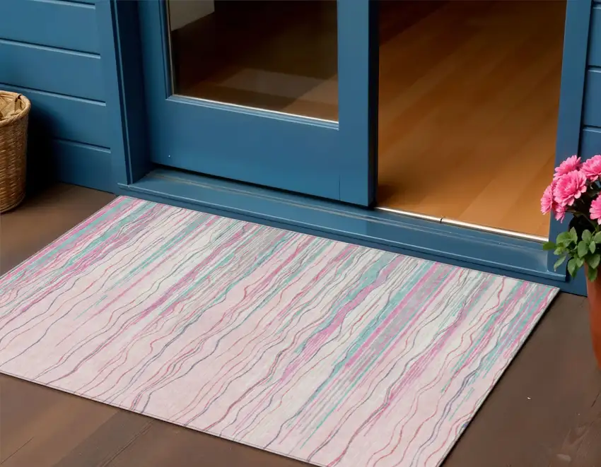 Pink Blue And Purple Striped Washable Indoor Outdoor Area Rug Photo 1