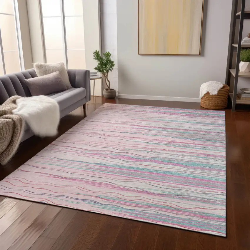 Pink Blue And Purple Striped Washable Indoor Outdoor Area Rug Photo 8