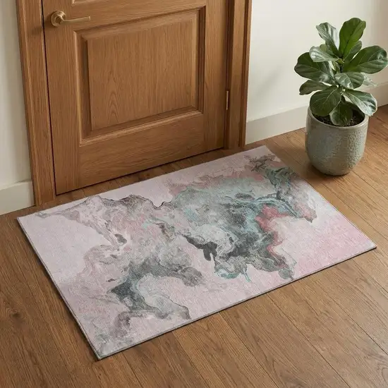 Pink Blue And Silver Abstract Washable Area Rug With UV Protection Photo 1