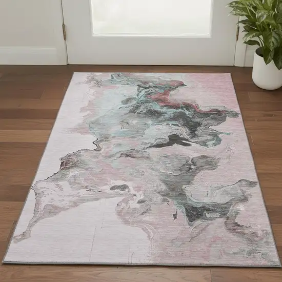 Pink Blue And Silver Abstract Washable Area Rug With UV Protection Photo 2
