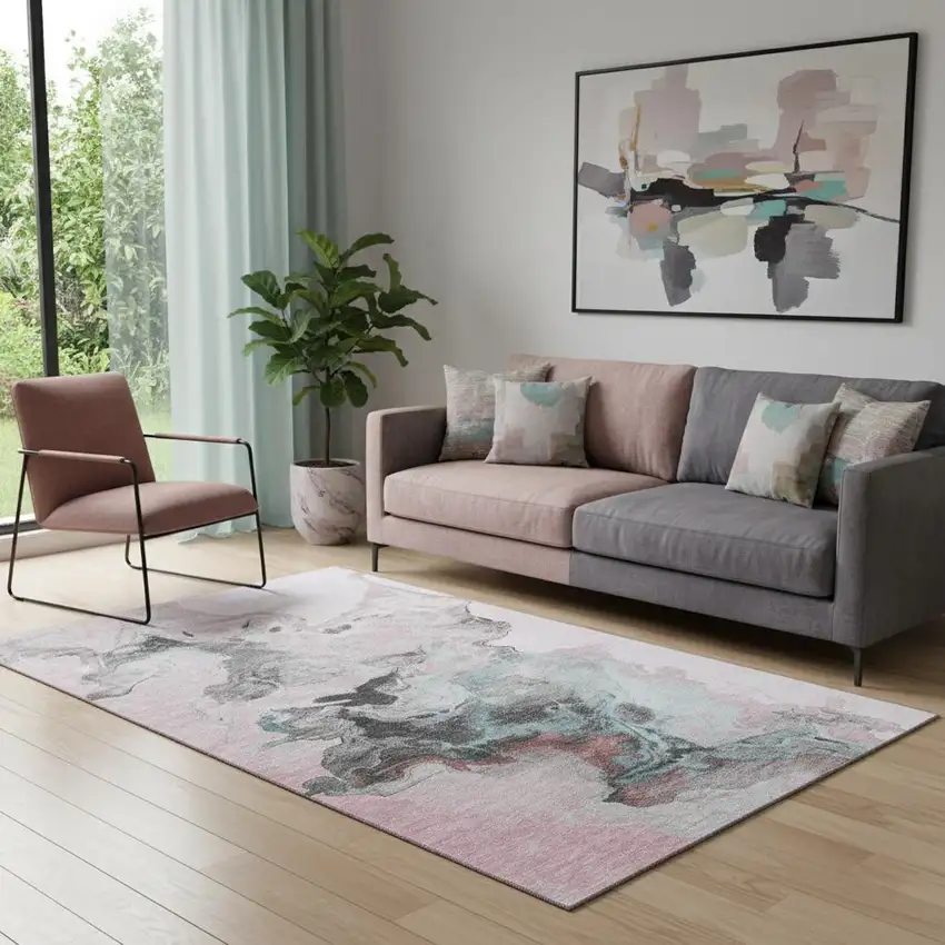 Pink Blue And Silver Abstract Washable Area Rug With UV Protection Photo 2