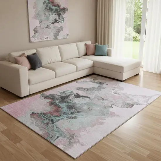 Pink Blue And Silver Abstract Washable Area Rug With UV Protection Photo 2