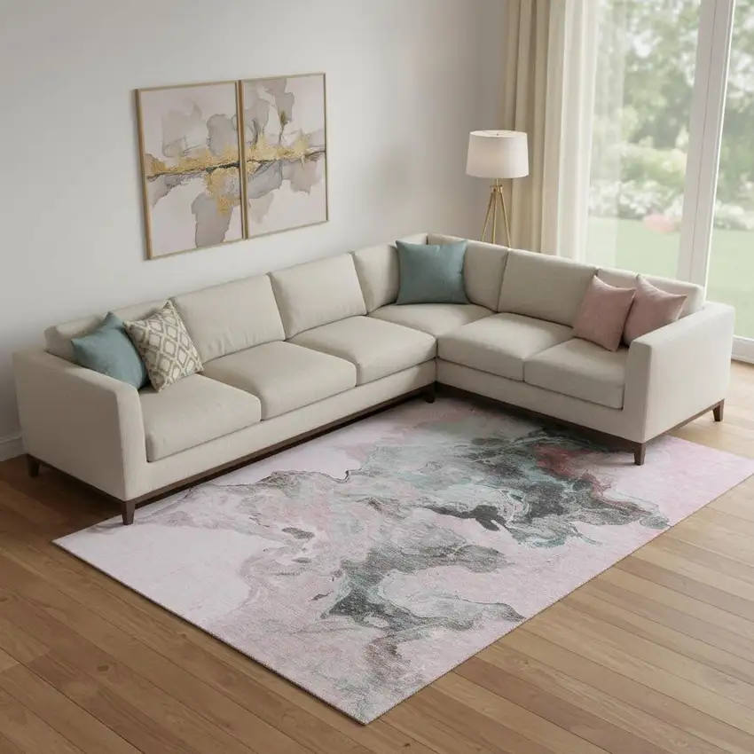 Pink Blue And Silver Abstract Washable Area Rug With UV Protection Photo 2